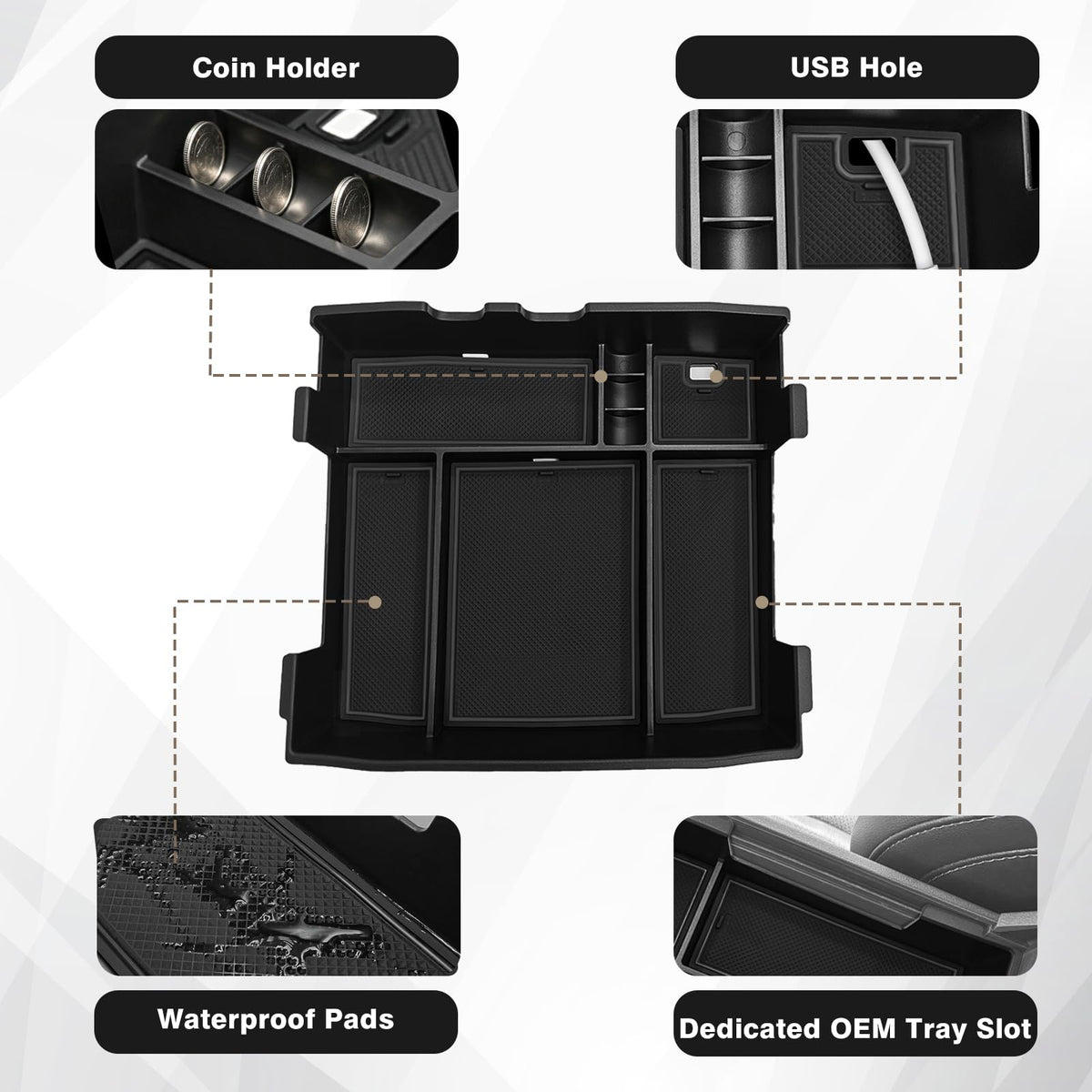 Muslogy top-down compartment layout organizing phone keys coins