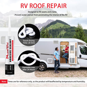 MuzeFansi applying sealant to RV roof seam for long-lasting protection