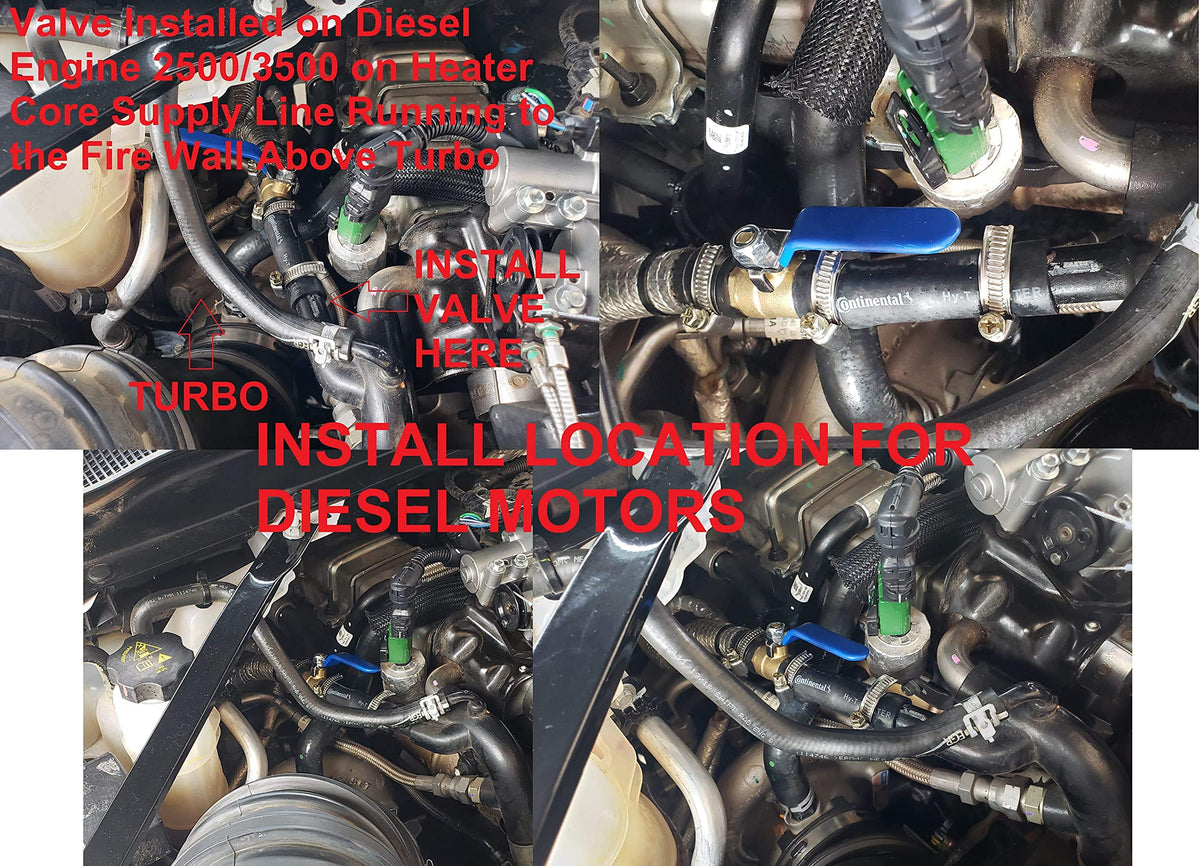 Muzzys mounted above turbo on diesel Ram heater line showing secure routing