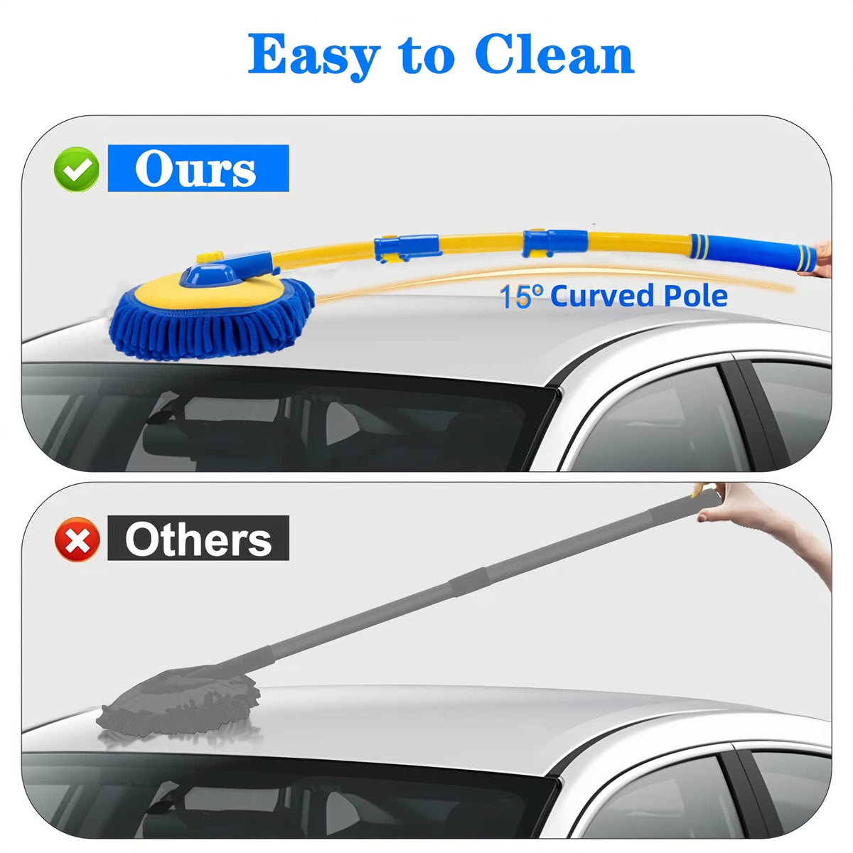 MVEQRRN brush in use cleaning car roof demonstrating extended reach and ease