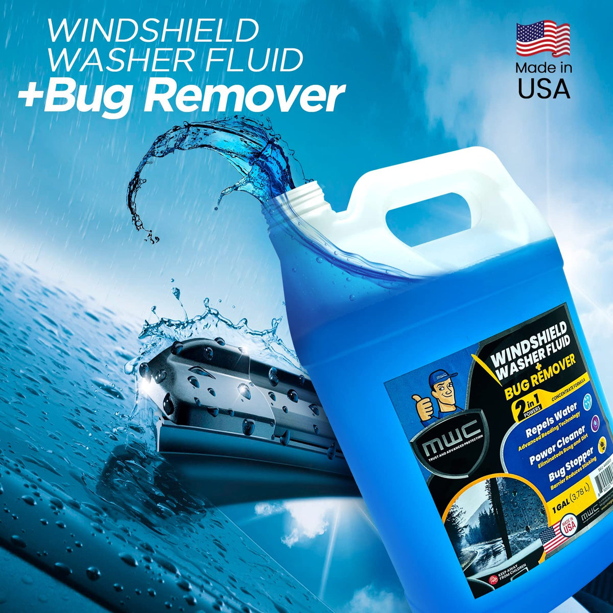 MWC bottle pouring into car washer reservoir for fast refill