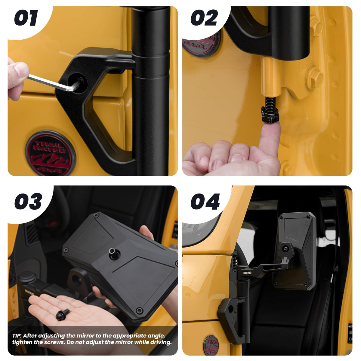 MWNYO mirrors mounted on Jeep A‑pillar demonstrating secure no‑drill installation