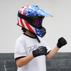 MXJ Gear child wearing helmet showing secure fit and confident riding