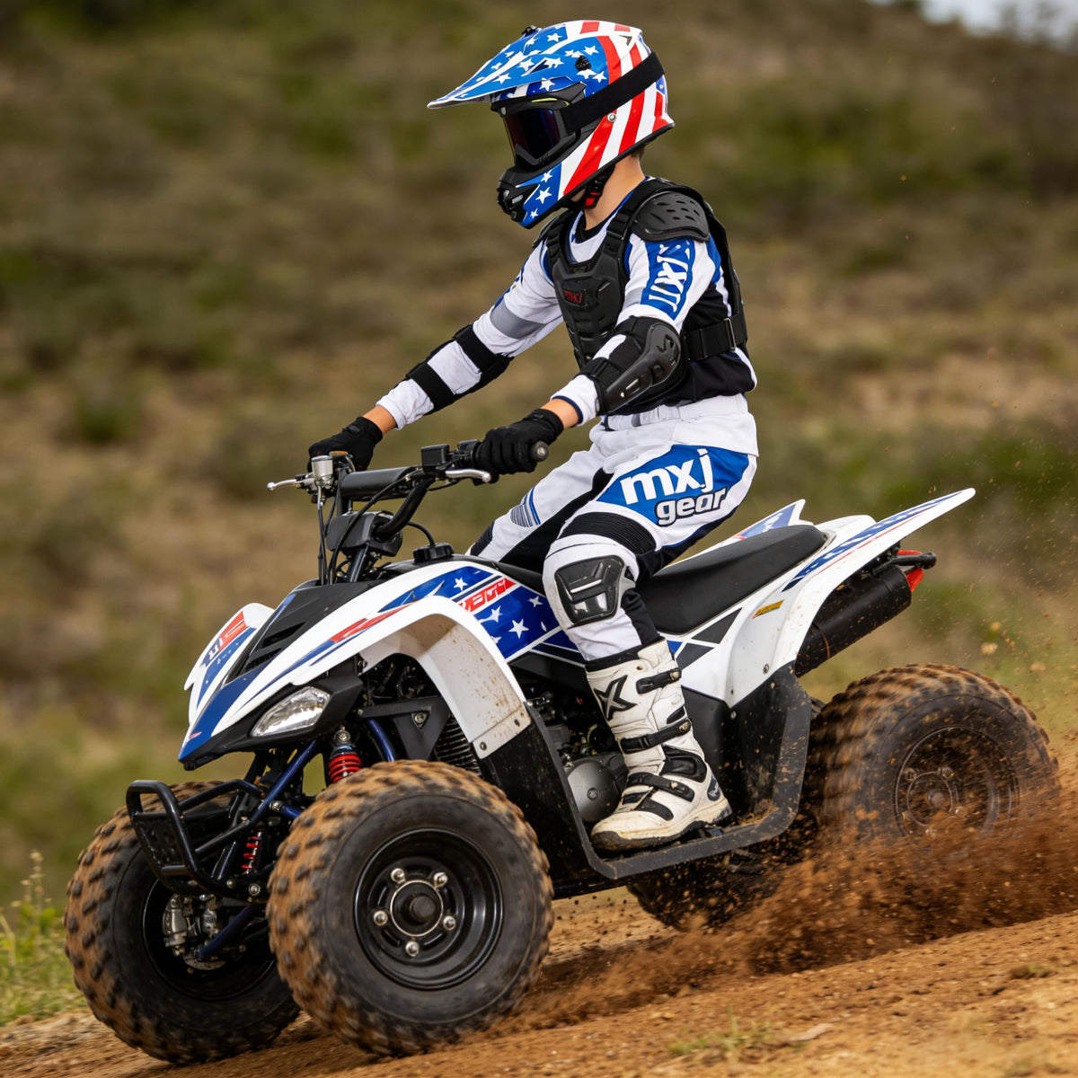 MXJ Gear helmet worn by child on dirt bike demonstrating secure protection