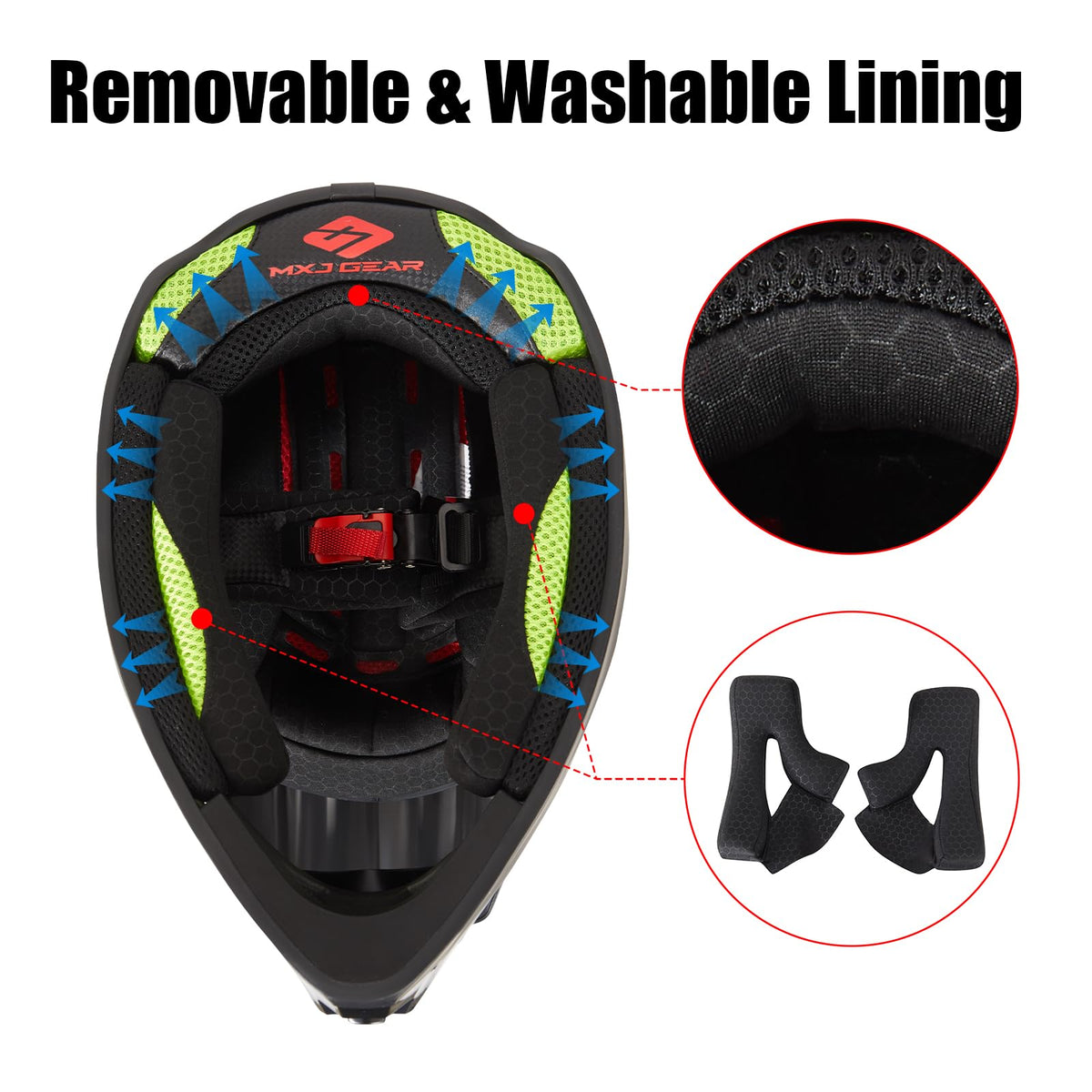 MXJ Gear helmet interior liner close-up removable lining for easy cleaning