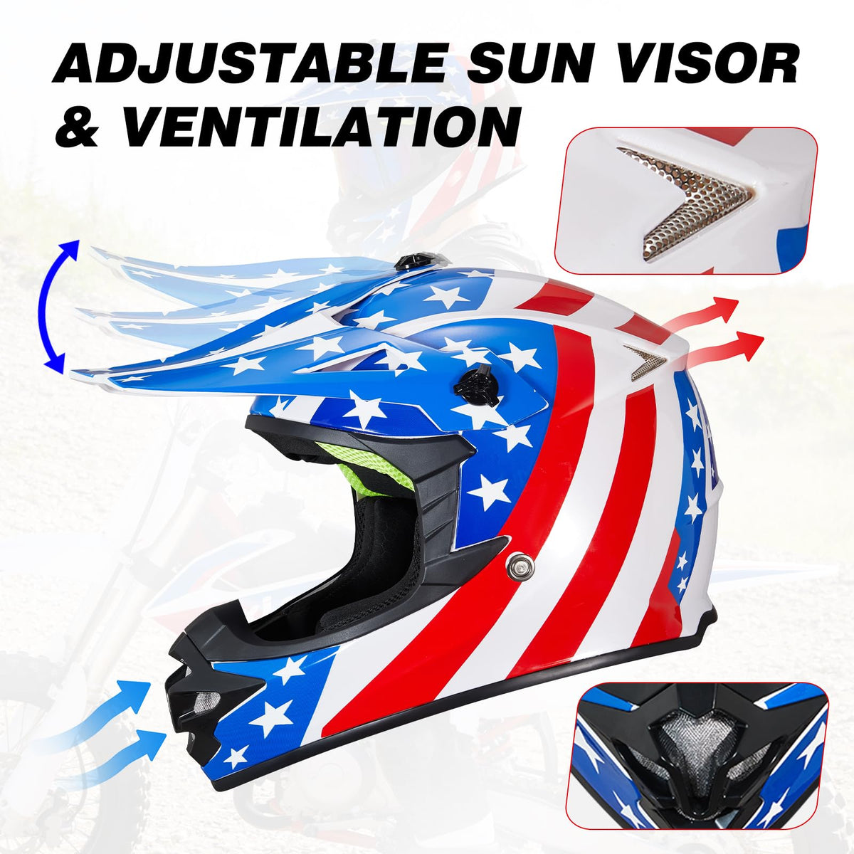 MXJ Gear visor close-up showing adjustable sun protection benefit