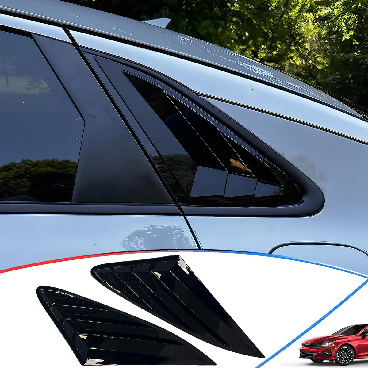 MXkanos front view louvers showing bright black sporty trim and enhanced style