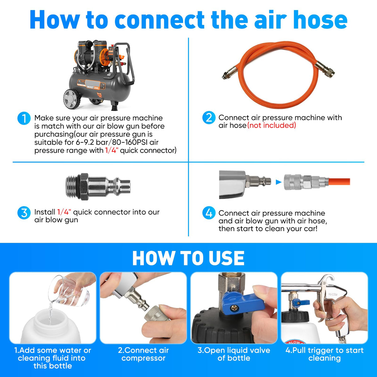 MYPIN 1/4" adapter and hose connection for fast compressor hookup