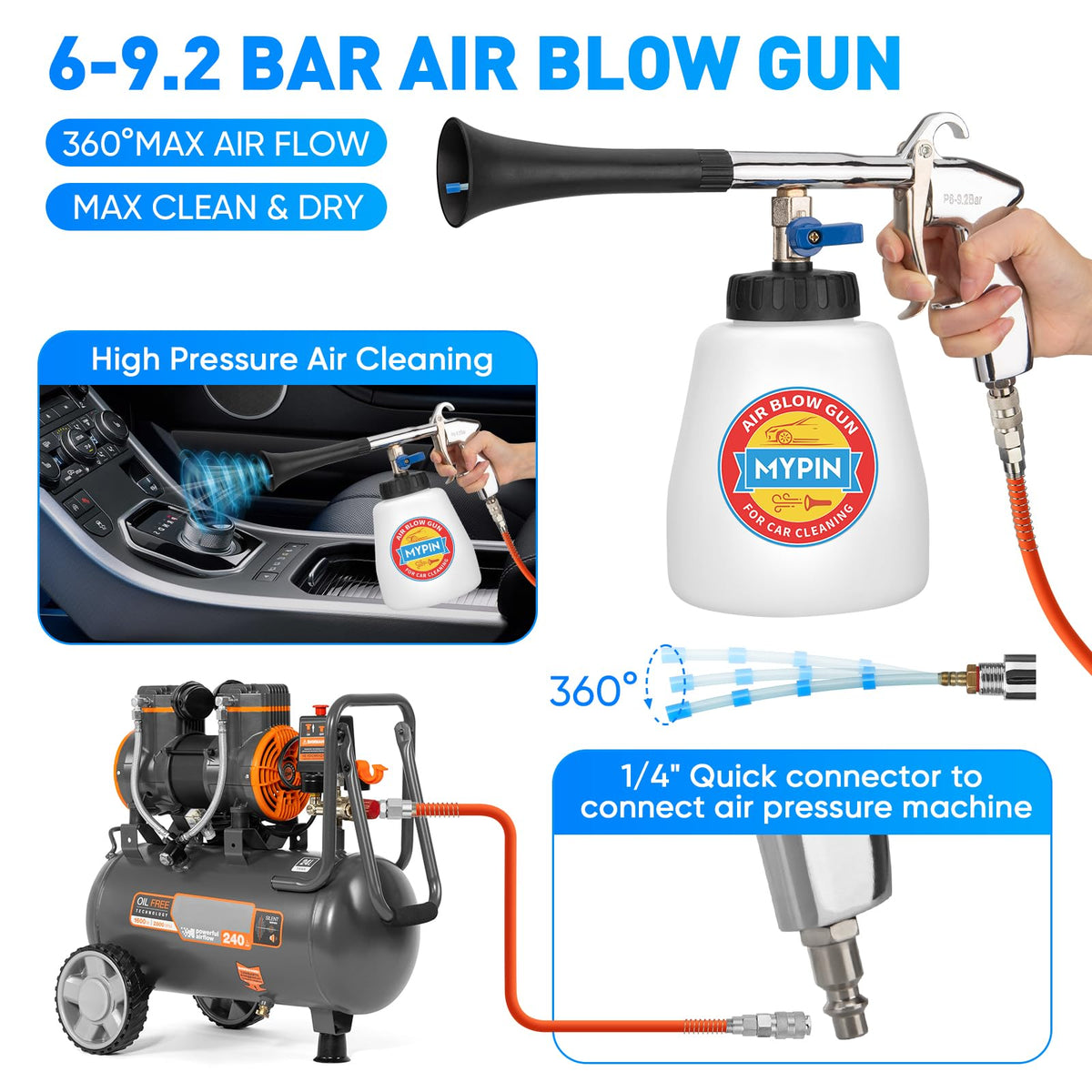 MYPIN tapered nozzle close-up focusing airflow precision and reach