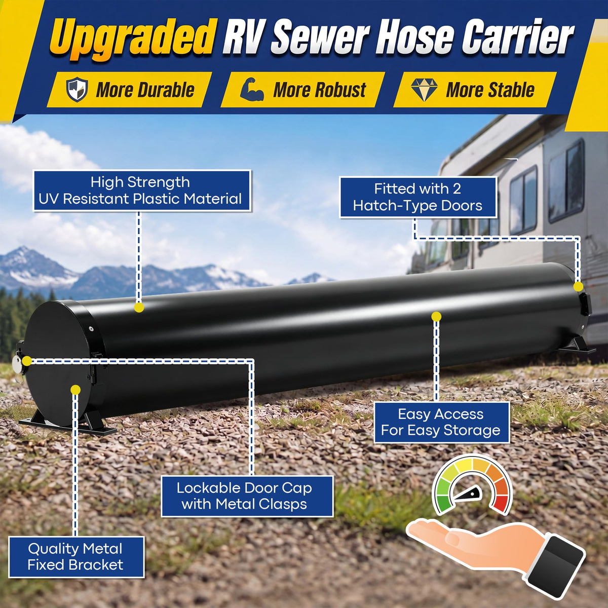 Mysora installed on RV bumper demonstrating rattle-free travel