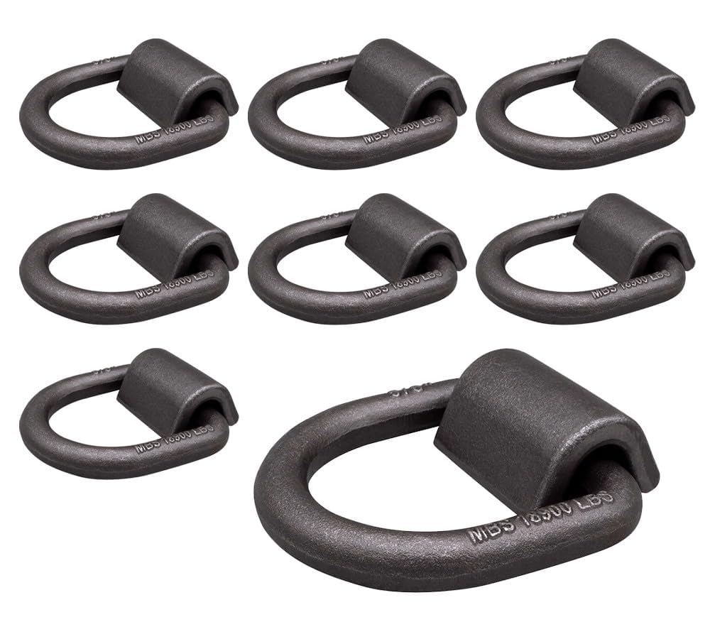 Mytee Products front view of eight weld-on D-rings showing pack and finish benefits