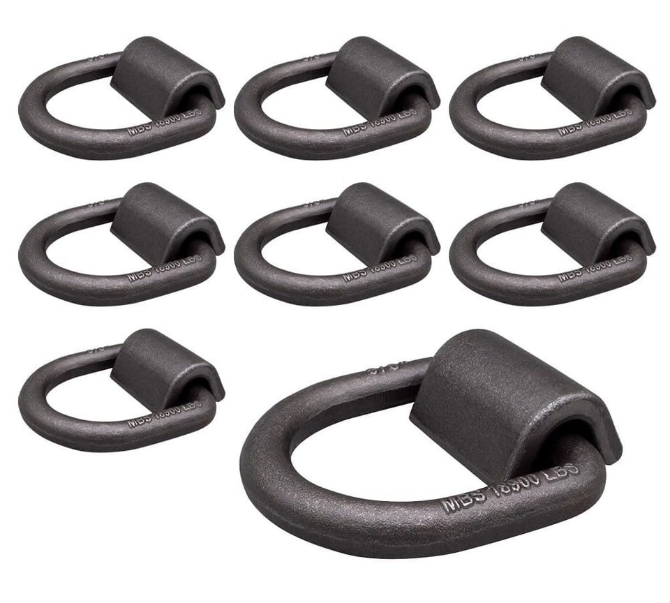 Mytee Products front view of eight weld-on D-rings showing pack and finish benefits