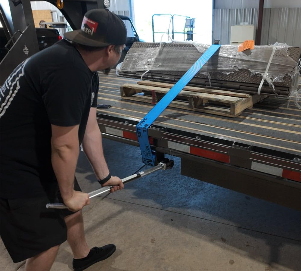 Mytee Products winch bar in use on flatbed trailer demonstrating safer strap tensioning