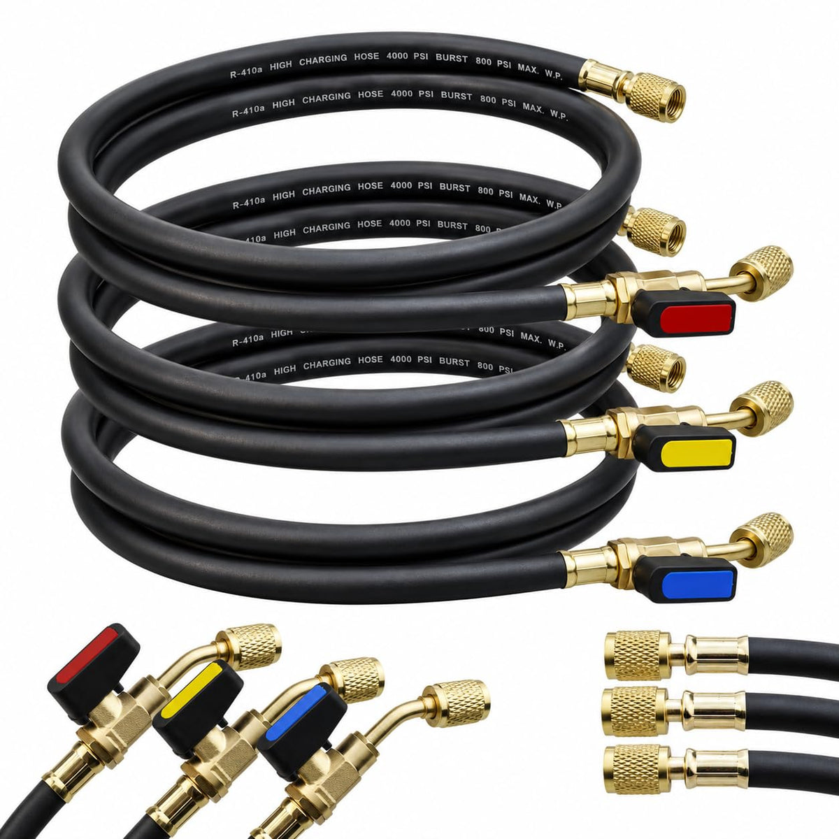 mytithger front packaging showing three 72" hoses and labels for quick identification and convenience