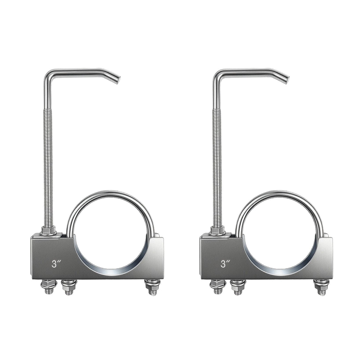 Myzpahn front view of two exhaust clamp hangers showing durable construction and value