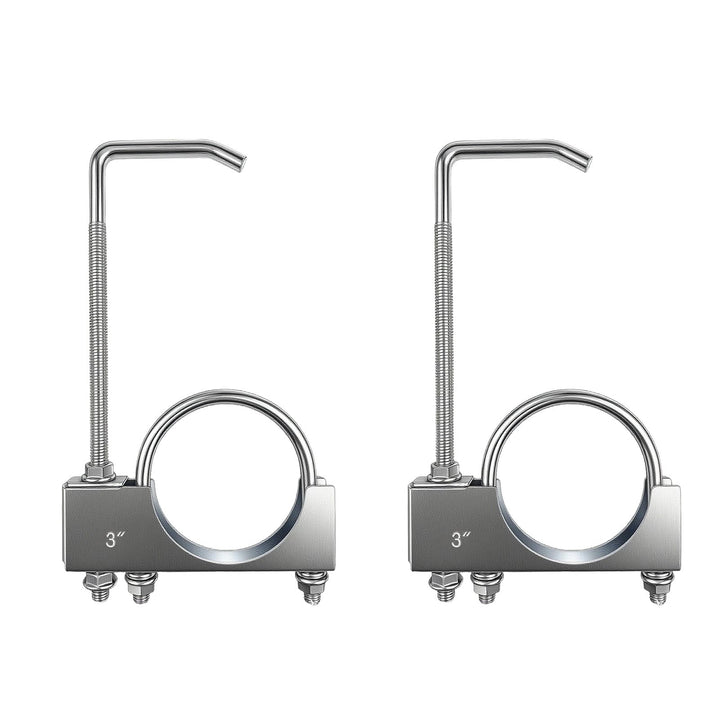 Myzpahn front view of two exhaust clamp hangers showing durable construction and value