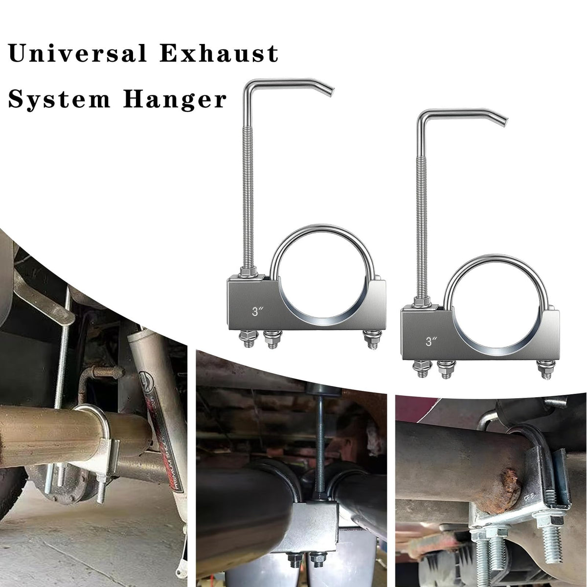Myzpahn installed on 3-inch exhaust pipe demonstrating secure muffler support
