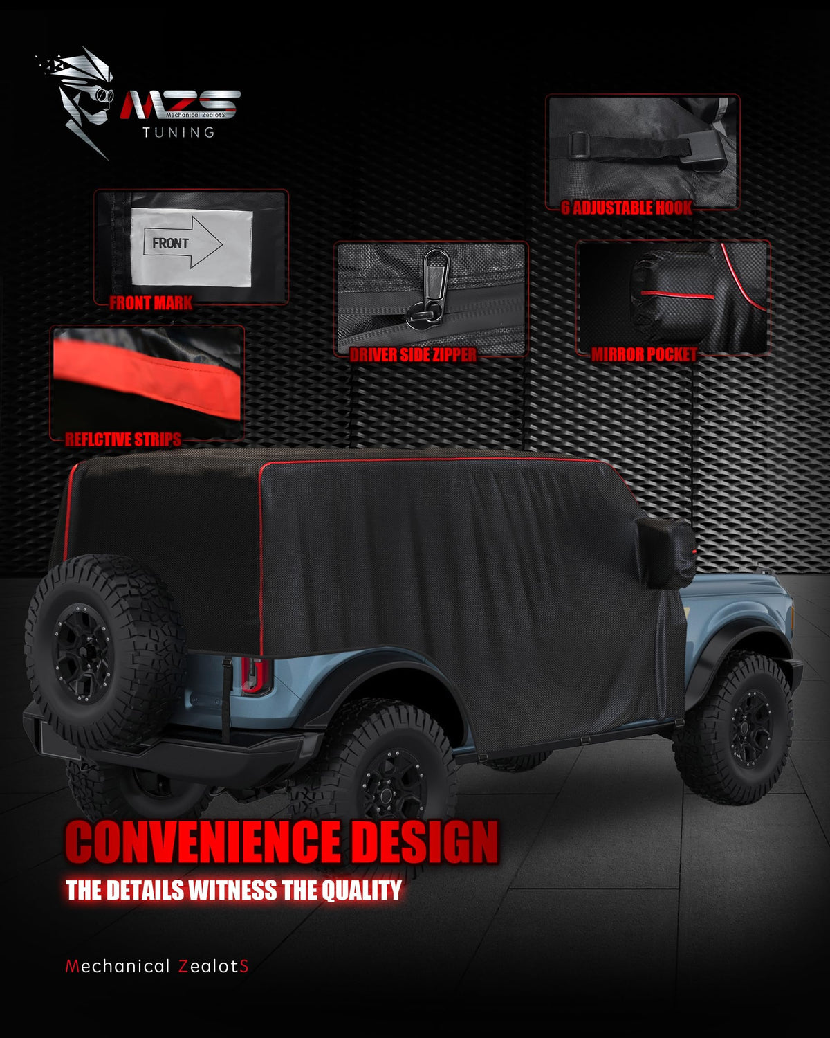 MZS reflective stripes on Bronco cover demonstrating improved nighttime visibility benefit