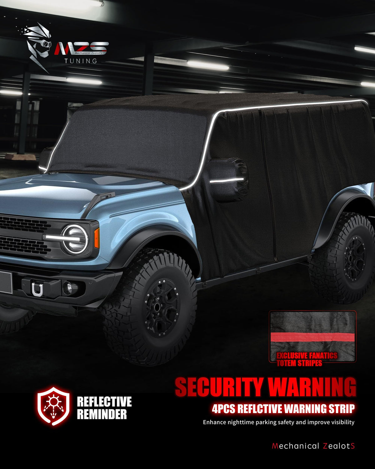 MZS cover on Bronco beside wheel for scale and accurate fitment reassurance