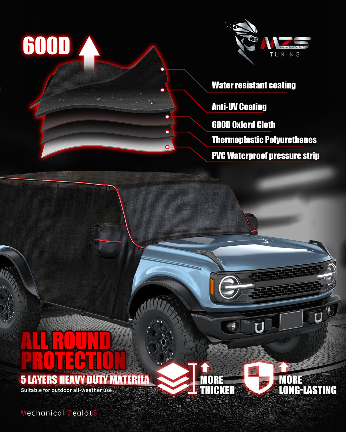MZS close-up of driver-side zipper on Bronco cover for quick cabin access benefit
