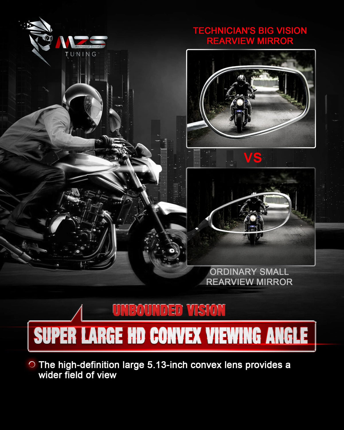MZS mirror mounted on cruiser demonstrating improved rear visibility and style benefit