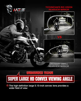 MZS mirror mounted on cruiser demonstrating improved rear visibility and style benefit