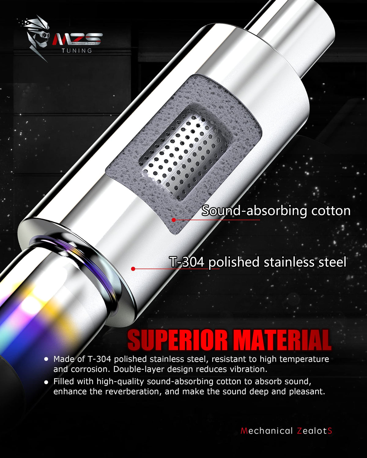 MZS burnt-tip closeup highlighting blue gradient and eye-catching rear styling