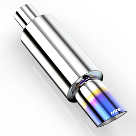 MZS exhaust front view showing polished stainless shell and clean finish for visual upgrade