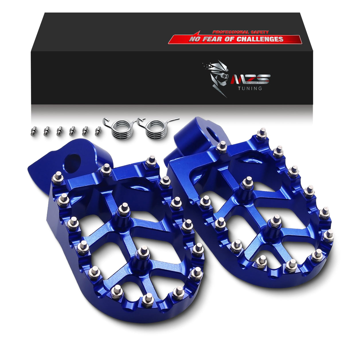 MZS front view of blue foot pegs showing robust platform and immediate control benefit