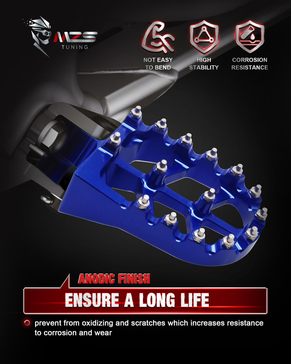 MZS installed left-side foot peg on Yamaha bike providing improved rider stability