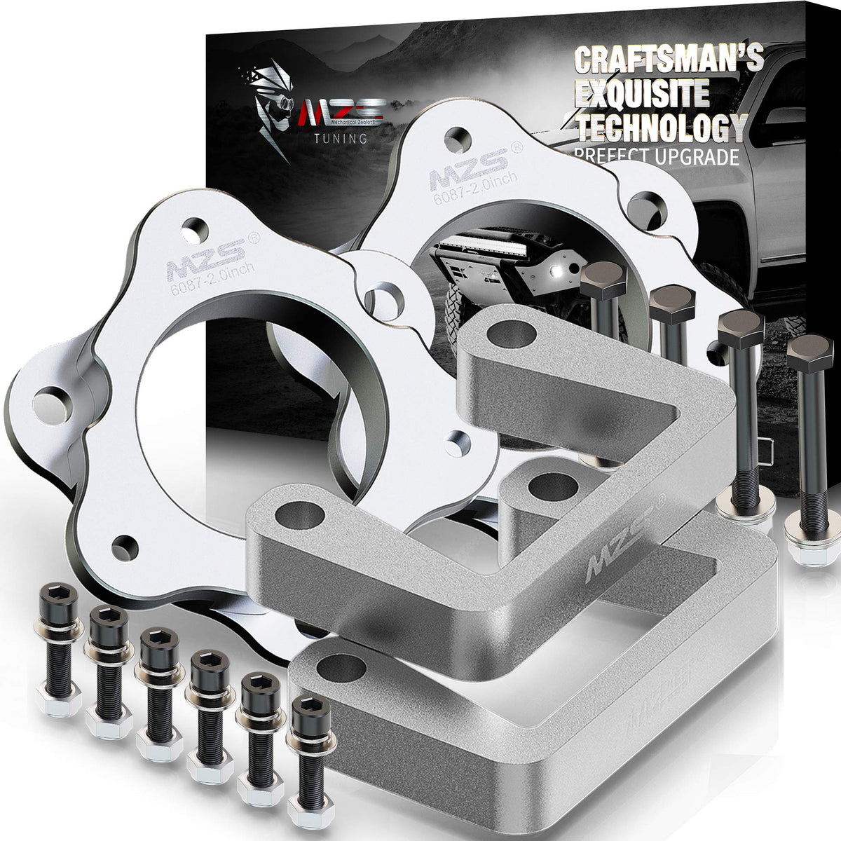MZS front leveling kit packaging showing contents and branding, clear product identification benefit
