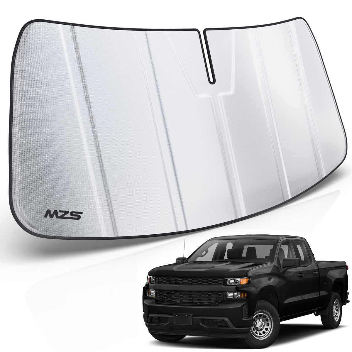 MZS front packaging showing custom-fit sun shade protecting windshield
