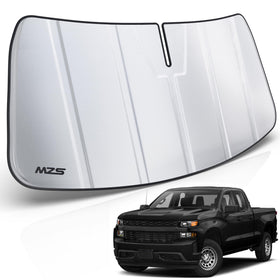 MZS front packaging showing custom-fit sun shade protecting windshield