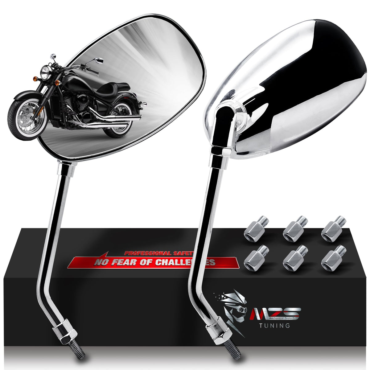 MZS front view chrome mirrors showing sleek design and improved rear visibility
