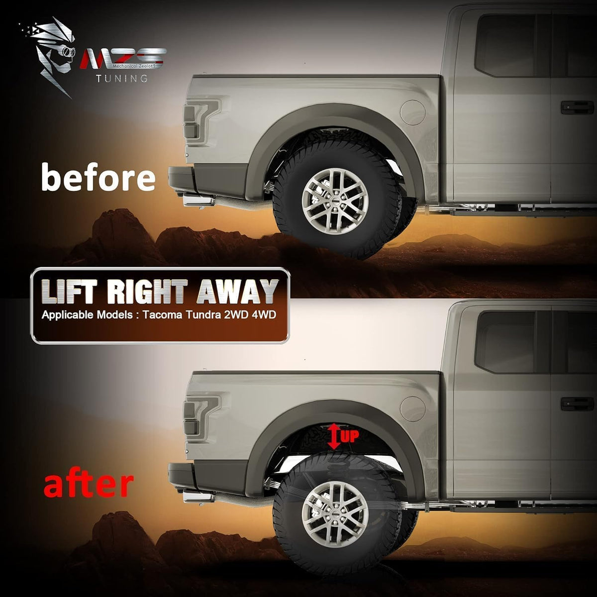 MZS-equipped Tacoma with leveled stance illustrating improved tire clearance and aesthetics