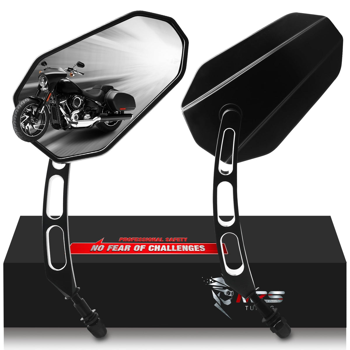 MZS front view mirror showing black housing and sleek design for style