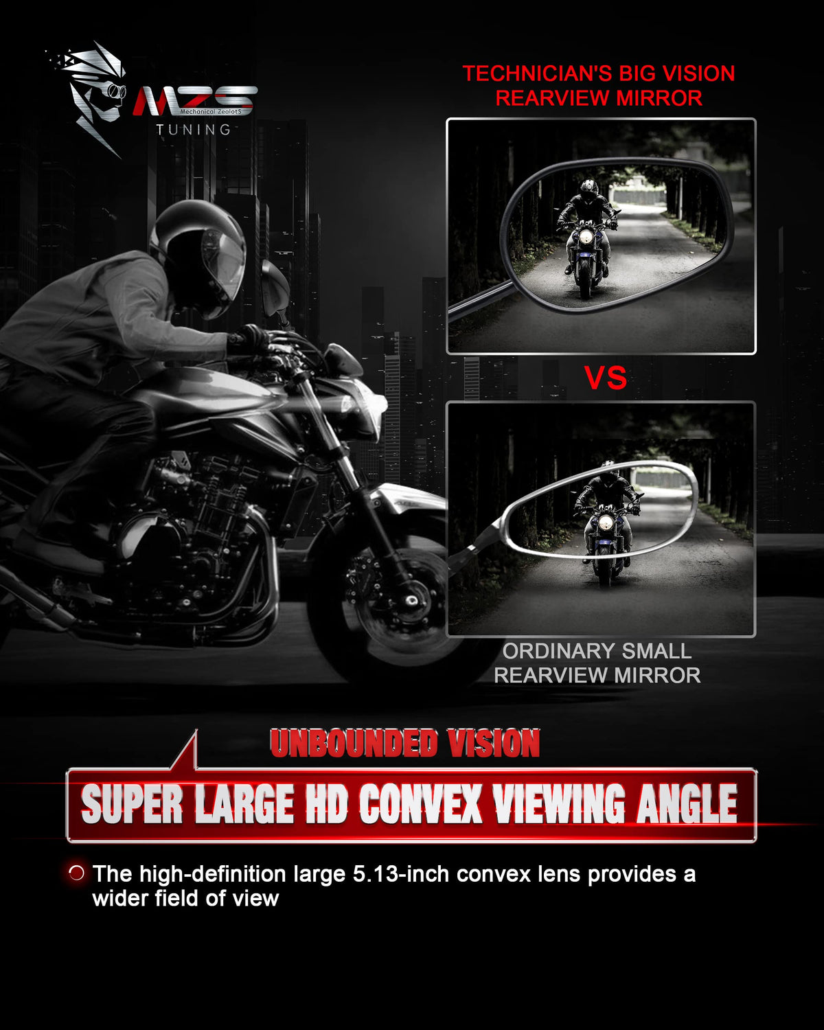 MZS mirror mounted on cruiser bike demonstrating real-world fit and benefit