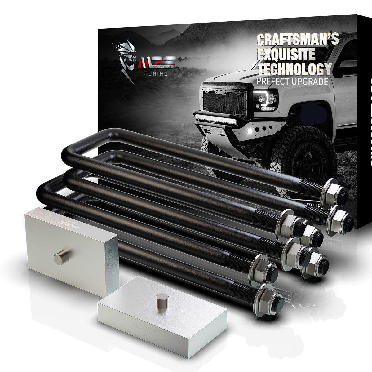 MZS front packaging showing included rear lift blocks and U-bolts, clear fitment benefit