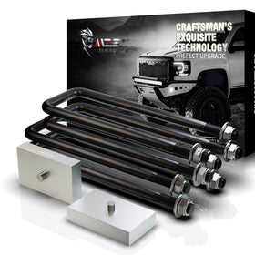 MZS front packaging showing included rear lift blocks and U-bolts, clear fitment benefit