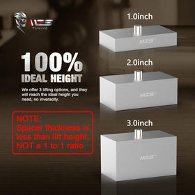 MZS lift block beside ruler showing compact dimensions and true one-inch rear raise