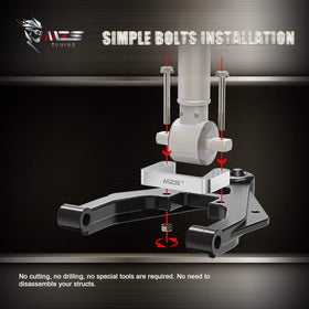 MZS spacer mounted to control arm showing bolt pattern fit and secure attachment