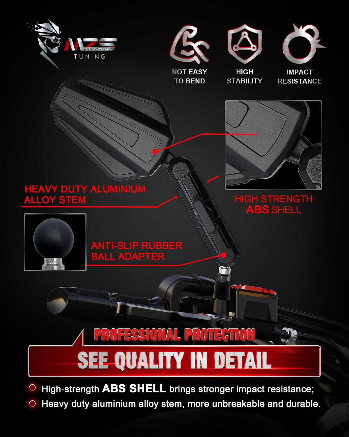 MZS aluminum stem and mount detail, reduced vibration benefit
