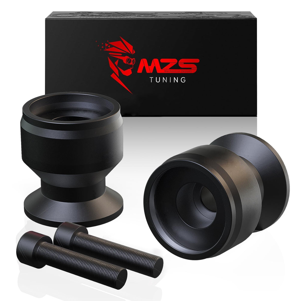 MZS front view of spools showing pair and black finish for durable stand use