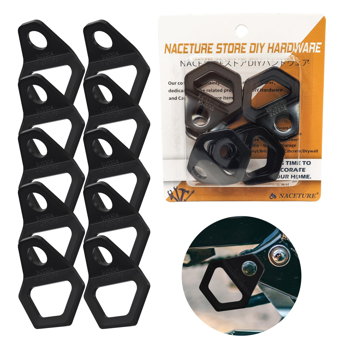 NACETURE front view of 10-pack anchors showing durable stainless steel finish and value