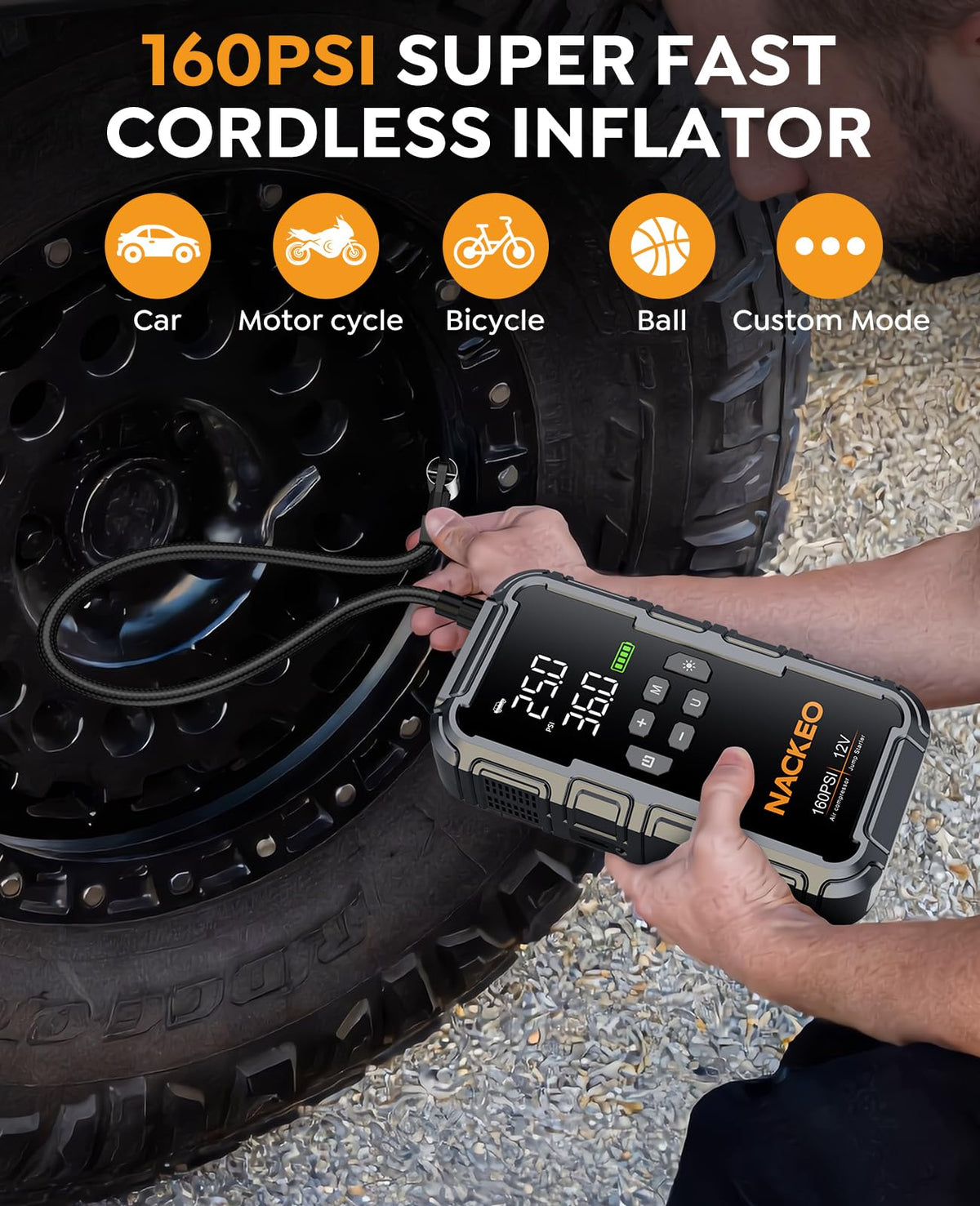NACKEO air compressor hose and nozzles demonstrating rapid tire inflation