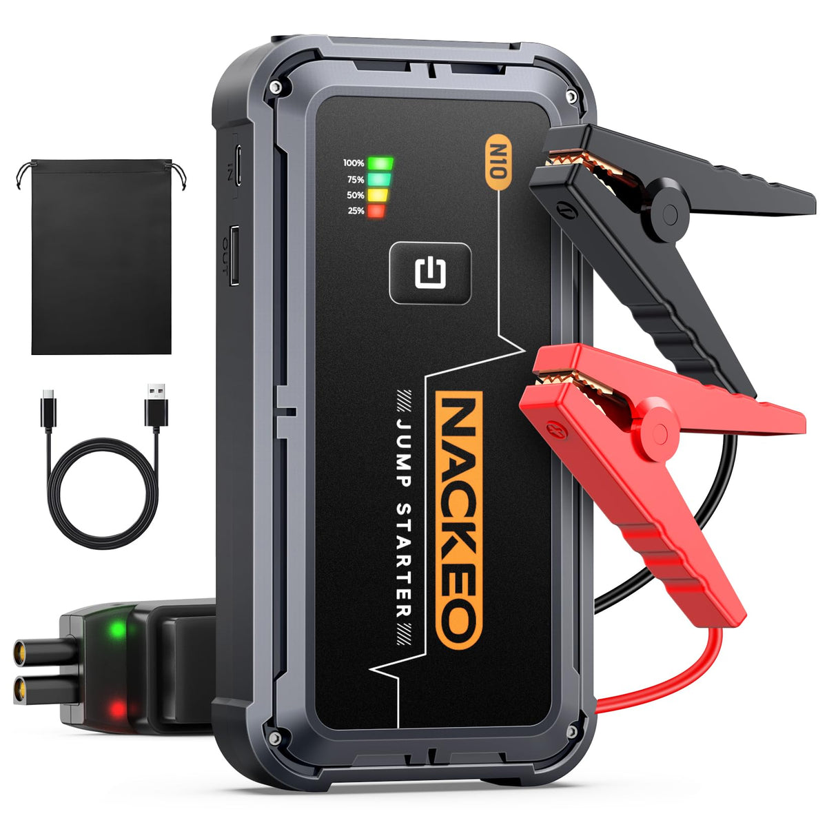 NACKEO front view with clamps showing compact starter and quick-start benefit