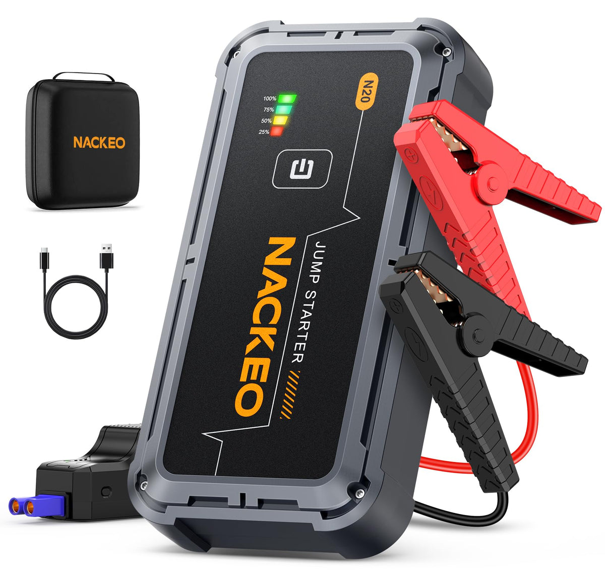 NACKEO front view of jump starter showing controls and rugged design for quick starts