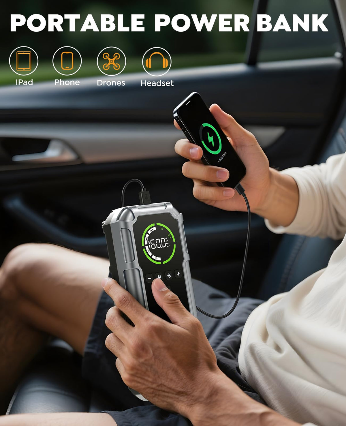 NACKEO in use jumping a car battery on roadside emergency