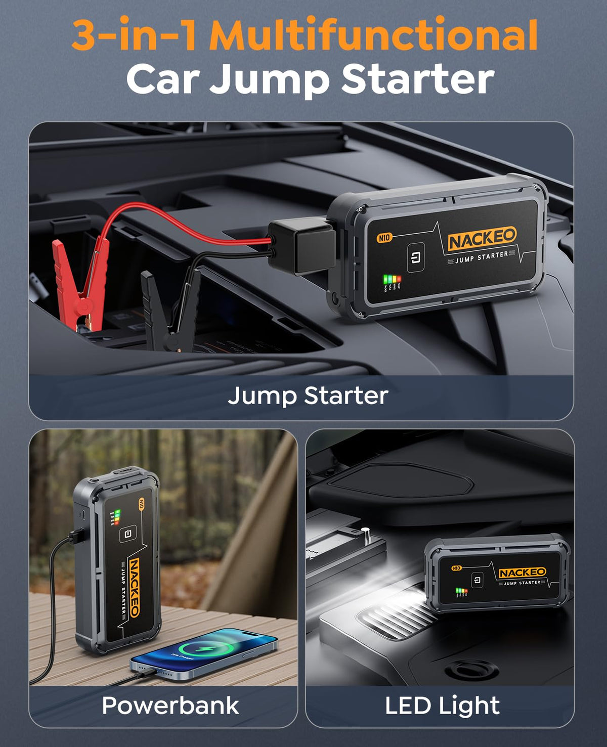 NACKEO jump starter connected to car battery providing roadside assistance