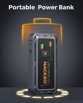 NACKEO with jumper cables connected to battery illustrating safe power delivery